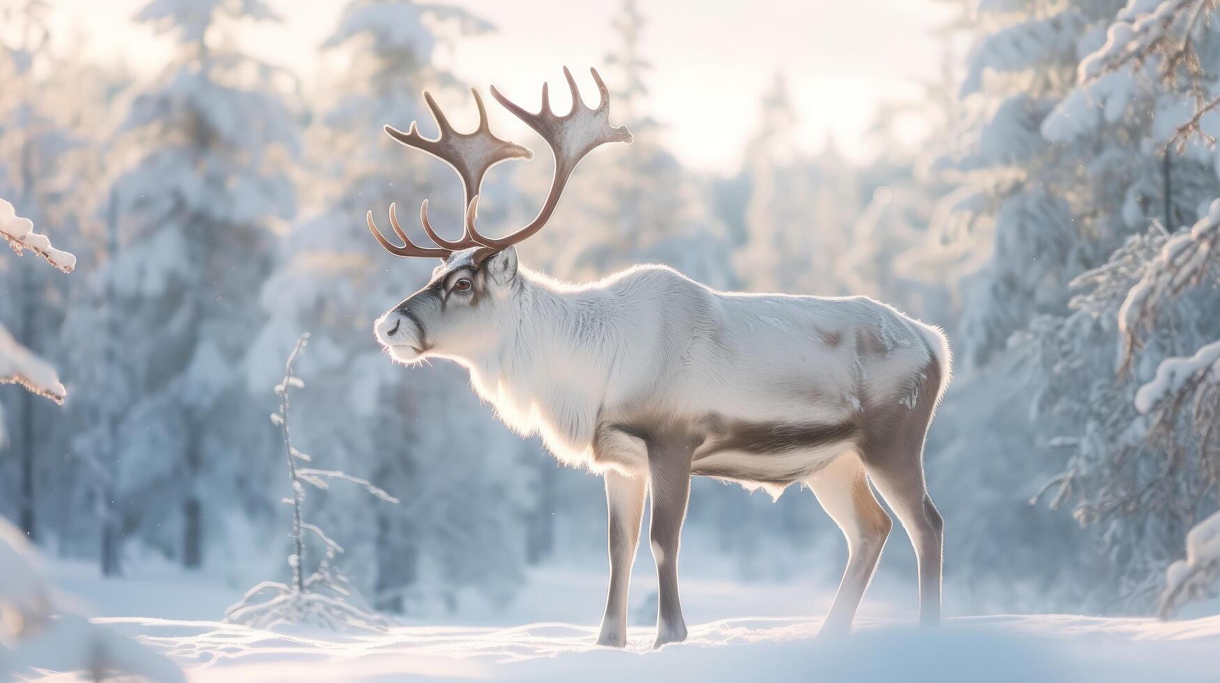 majestic reindeer standing in snowy winter forest photo