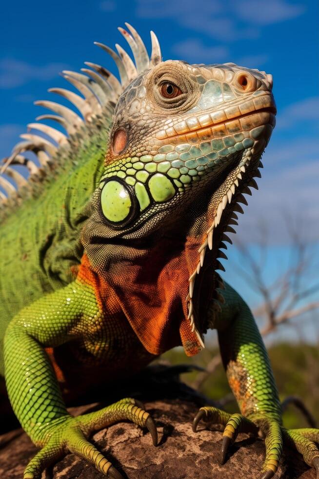Close up of a colorful iguana with vibrant scales photo