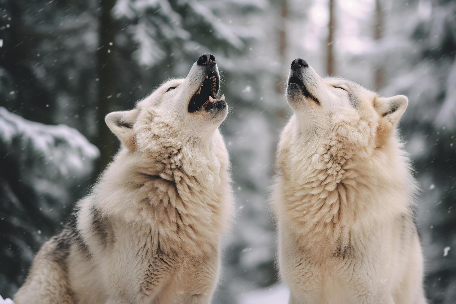 two howling arctic wolves in snowy forest photo