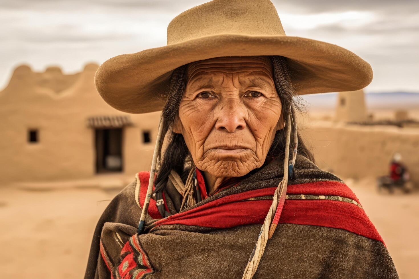 Weathered face of elderly indigenous woman in traditional clothing photo
