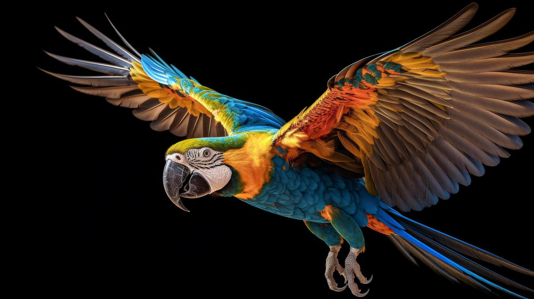 Colorful parrot in flight against black background photo