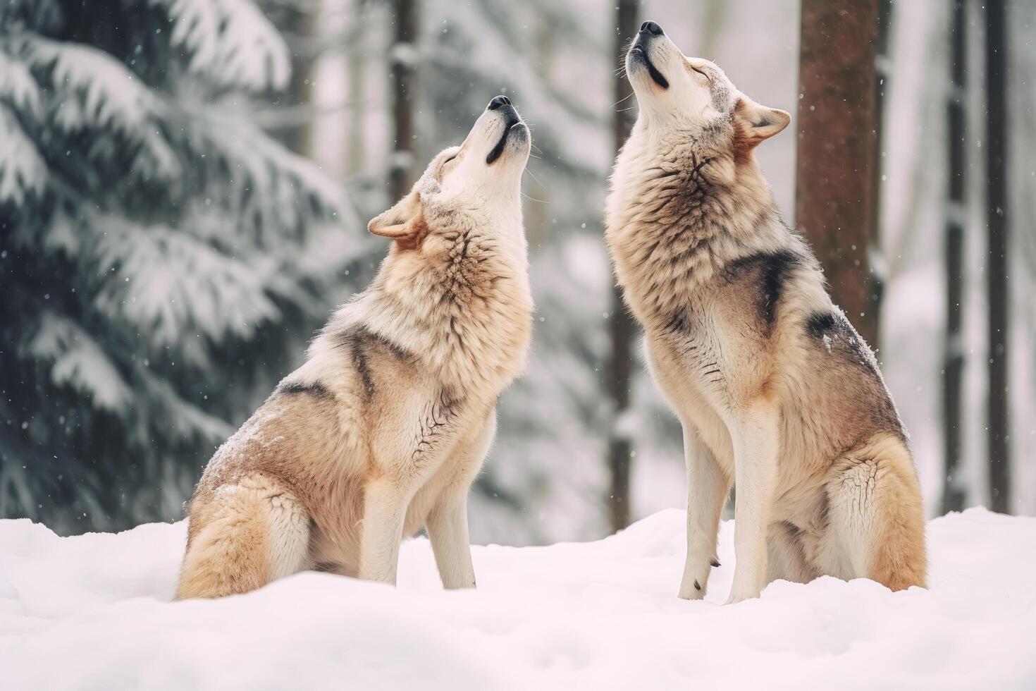 two howling wolves in snowy forest photo