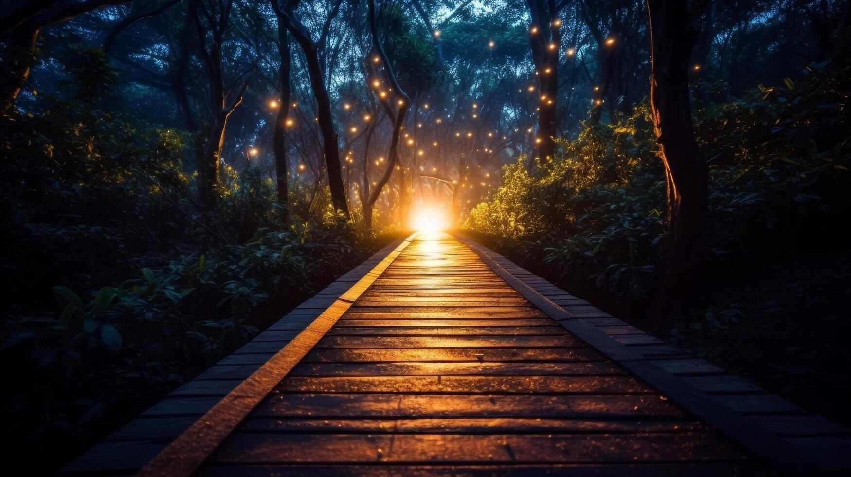 Enchanting forest path with glowing lights photo
