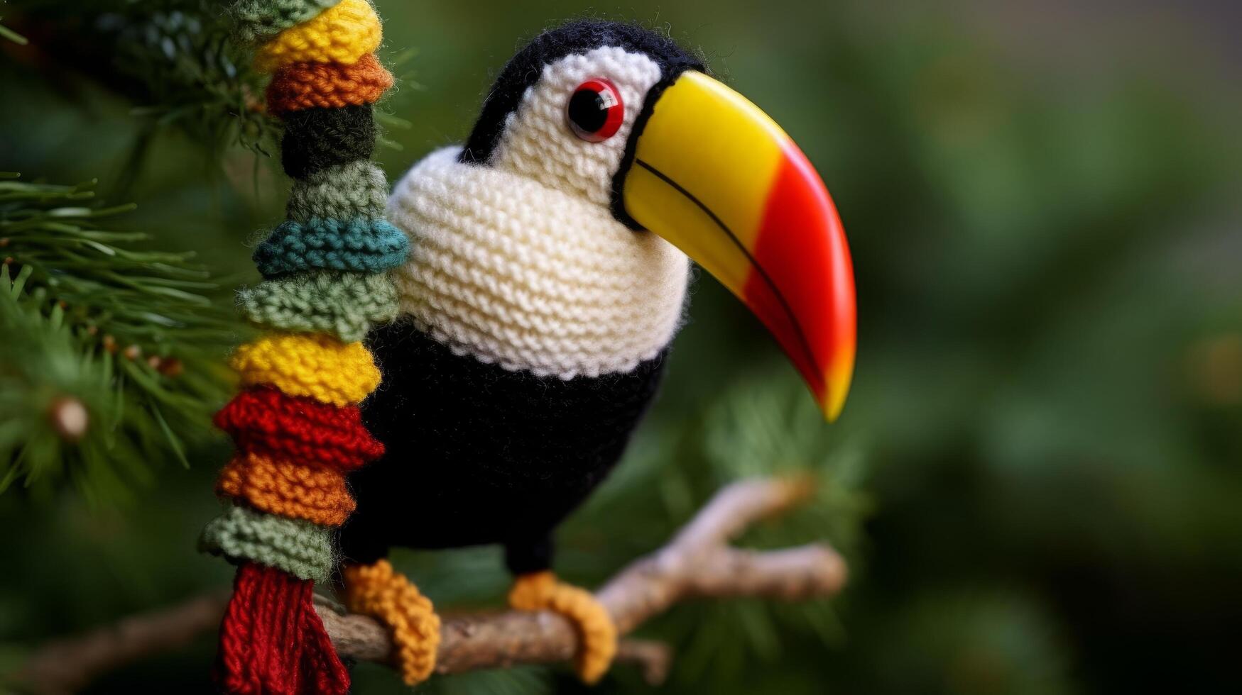 Colorful crocheted toucan ornament on pine tree branch photo