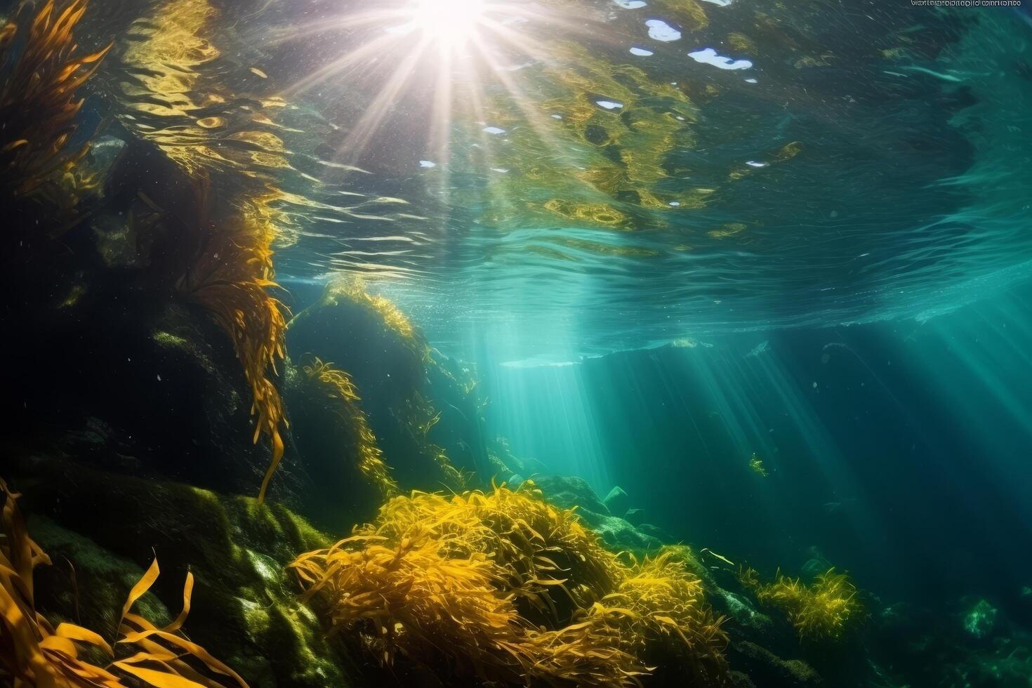 Underwater kelp forest with sunlight shining through photo