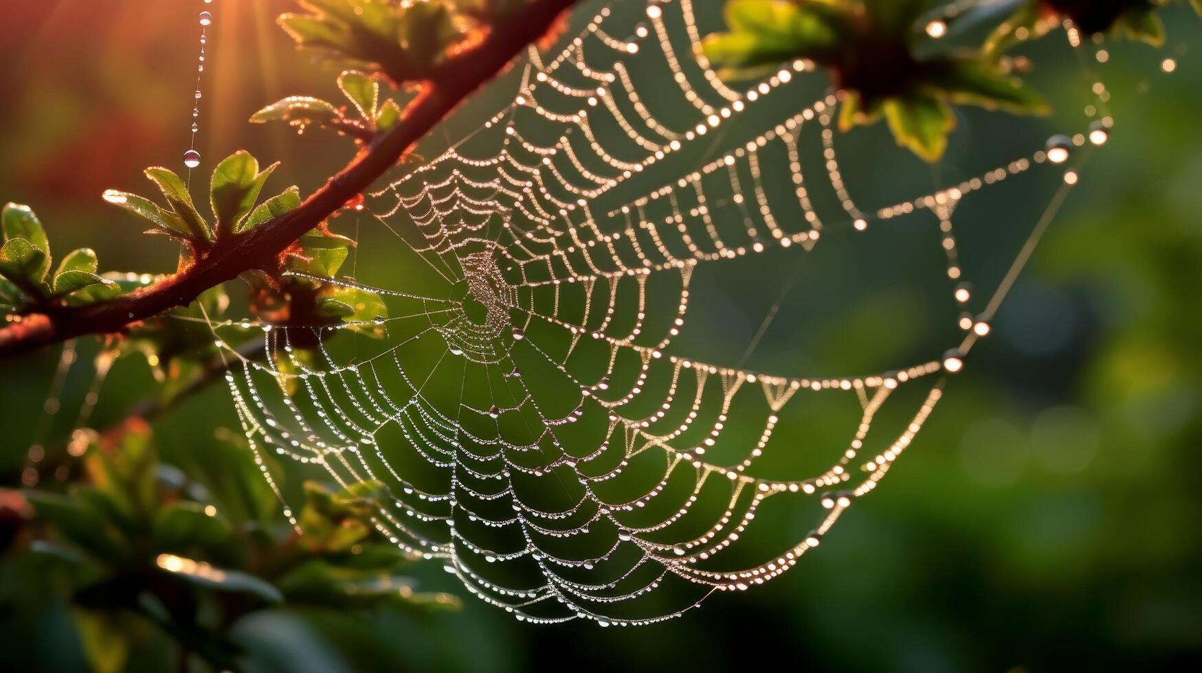 Dew covered spider web in the morning light photo