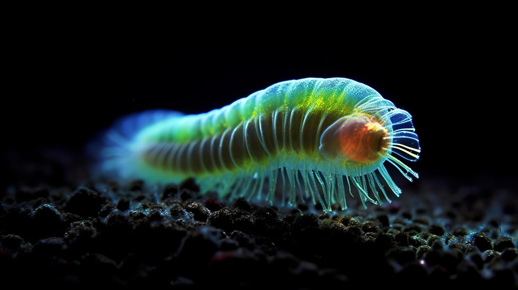 Vibrant glowing caterpillar on dark background photo