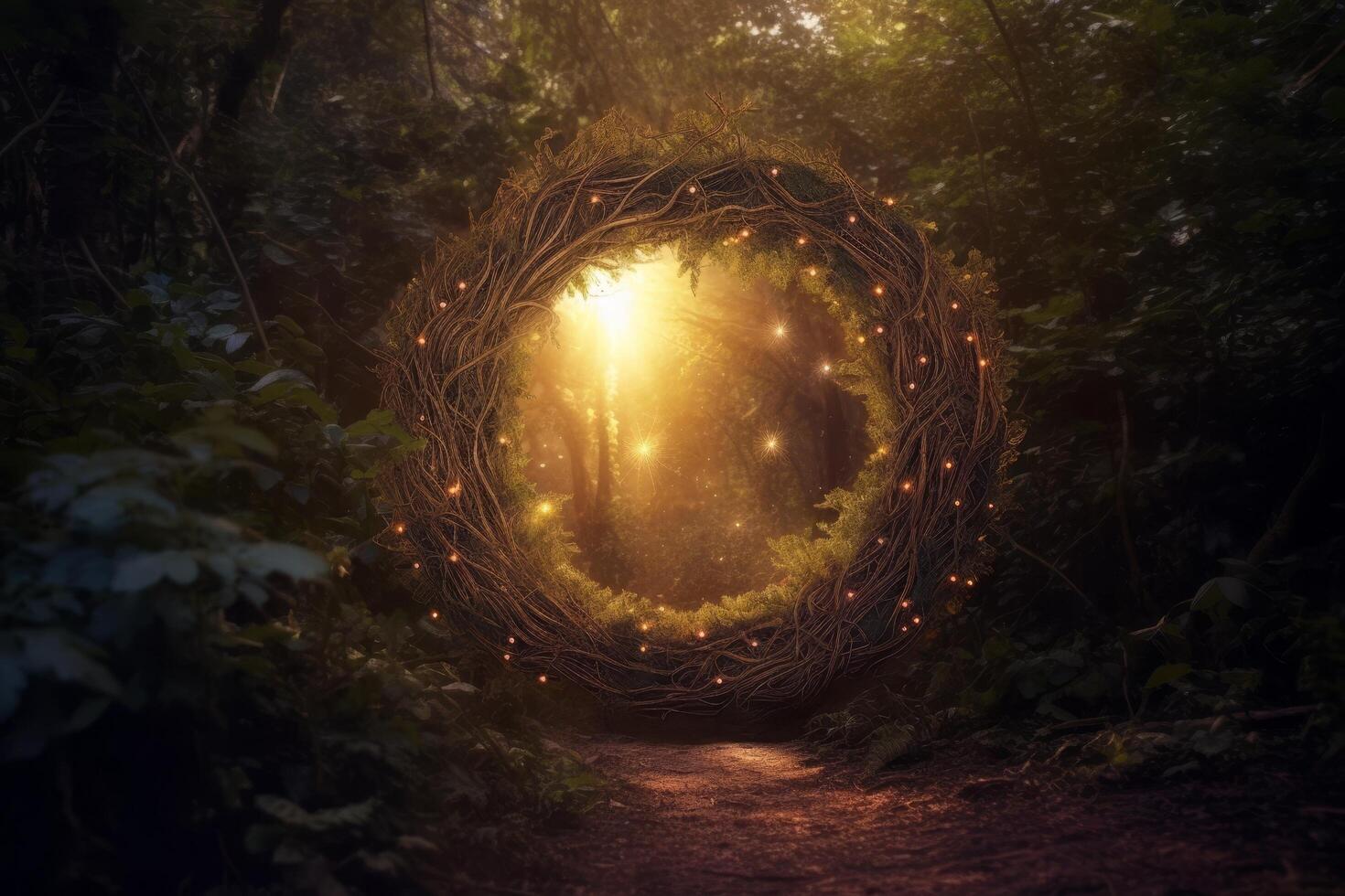 Enchanted forest path with glowing wreath photo