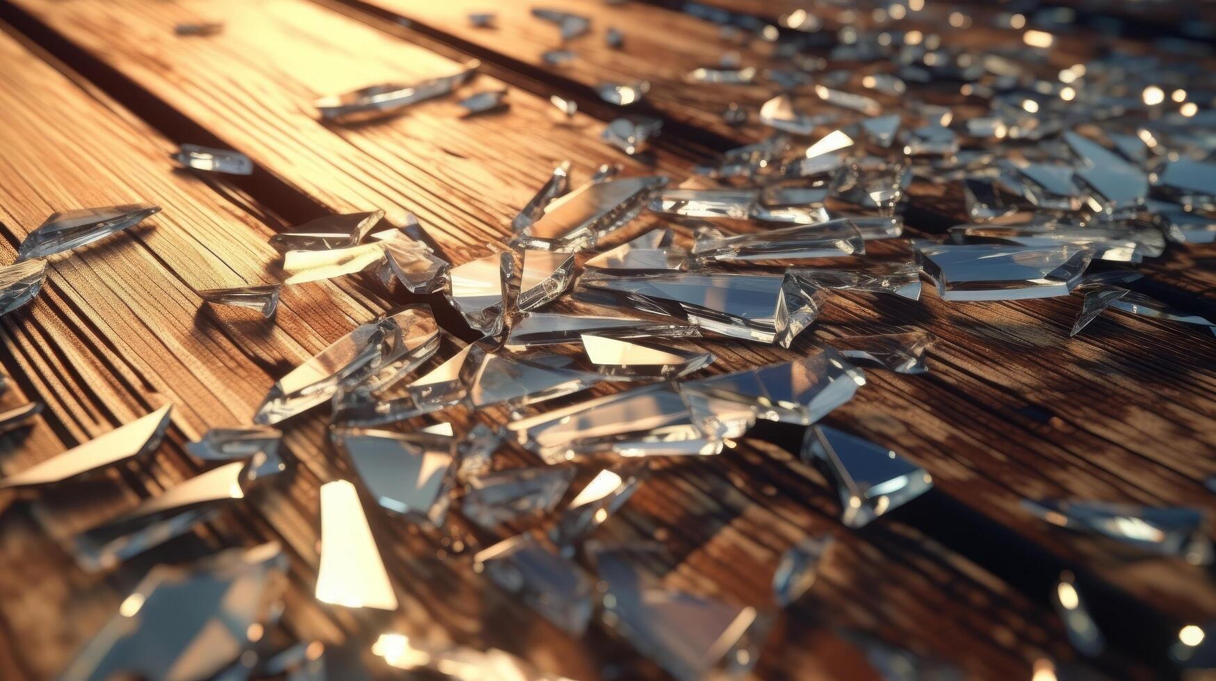 Shattered glass on wooden surface photo
