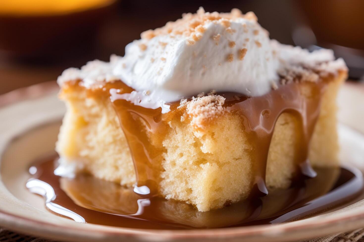 Delicious homemade cake with whipped cream topping photo
