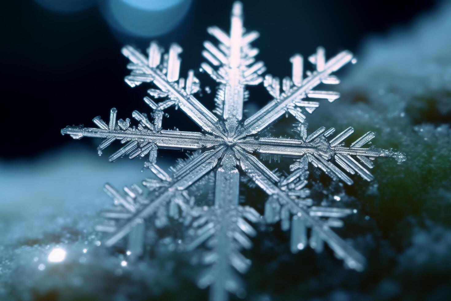 Intricate snowflake crystal on winter background photo