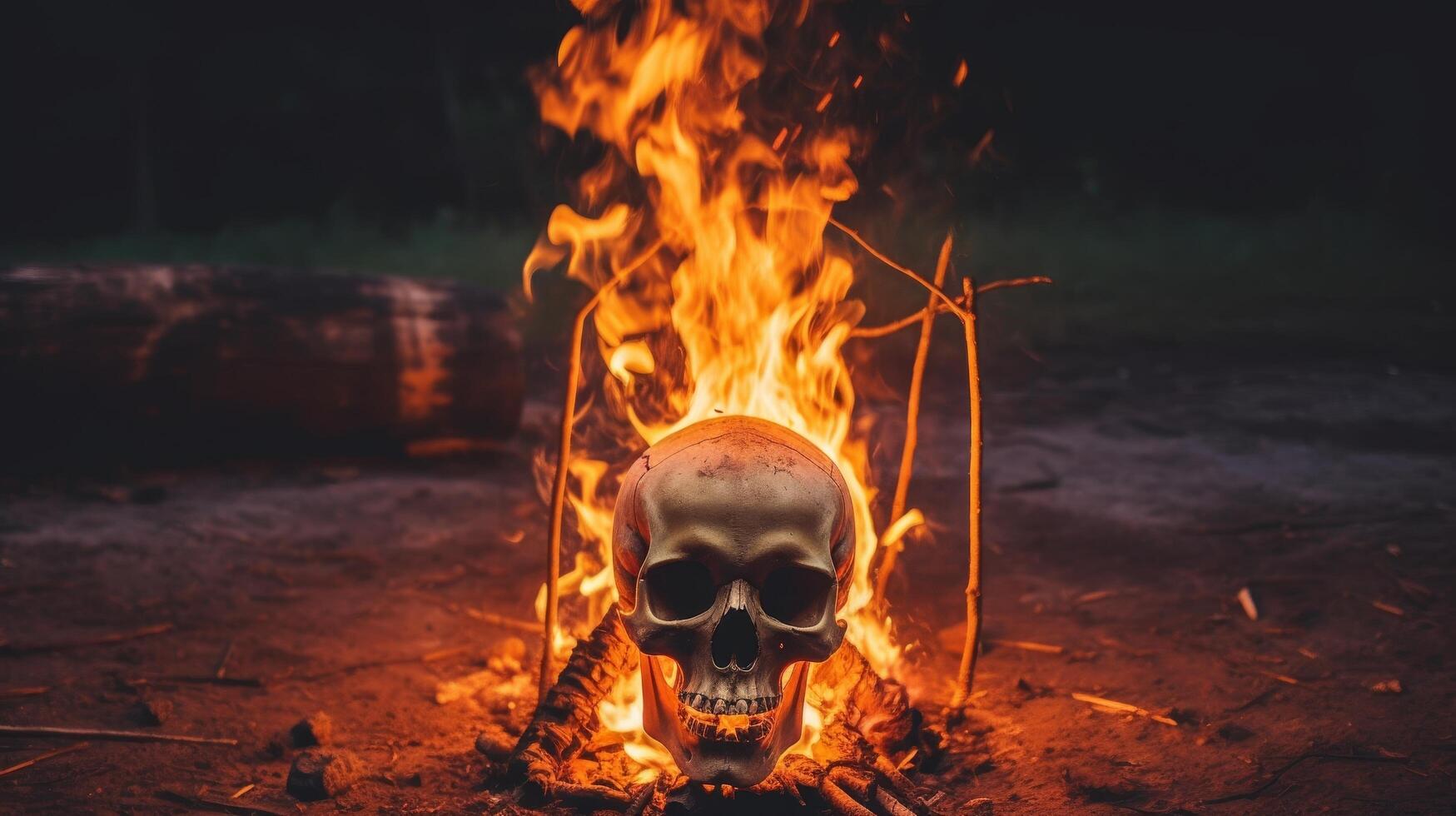 Burning skull in the dark photo