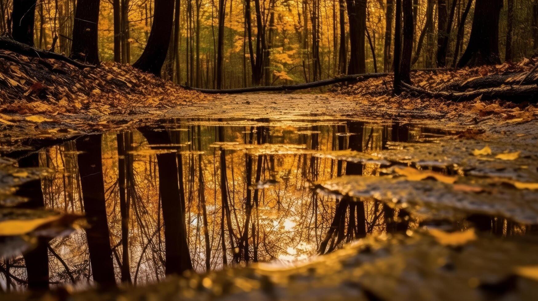 Autumn forest path reflection photo
