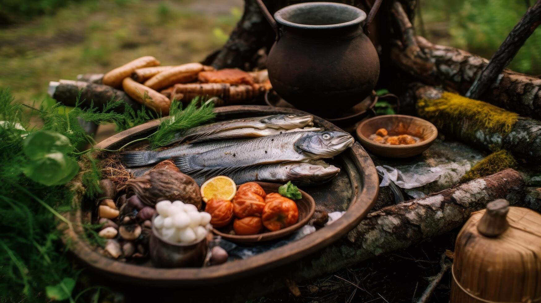 Rustic outdoor cooking scene with fish, vegetables, and pottery photo