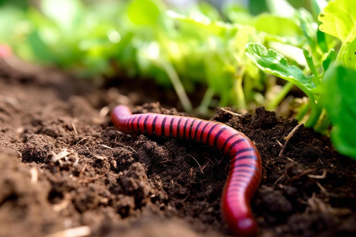 Close up of a striped earthworm in the soil photo