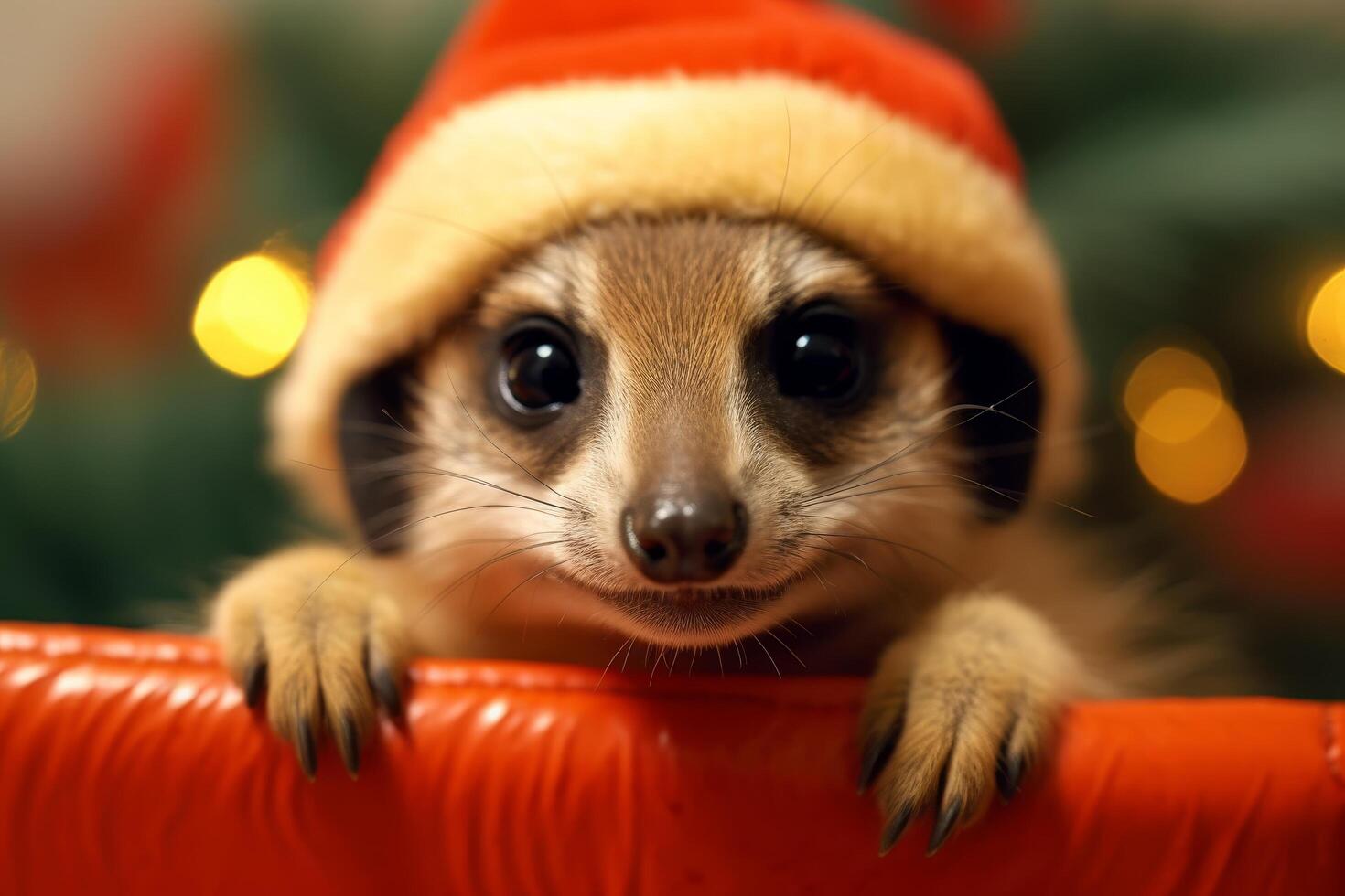 Cute meerkat wearing a santa hat photo
