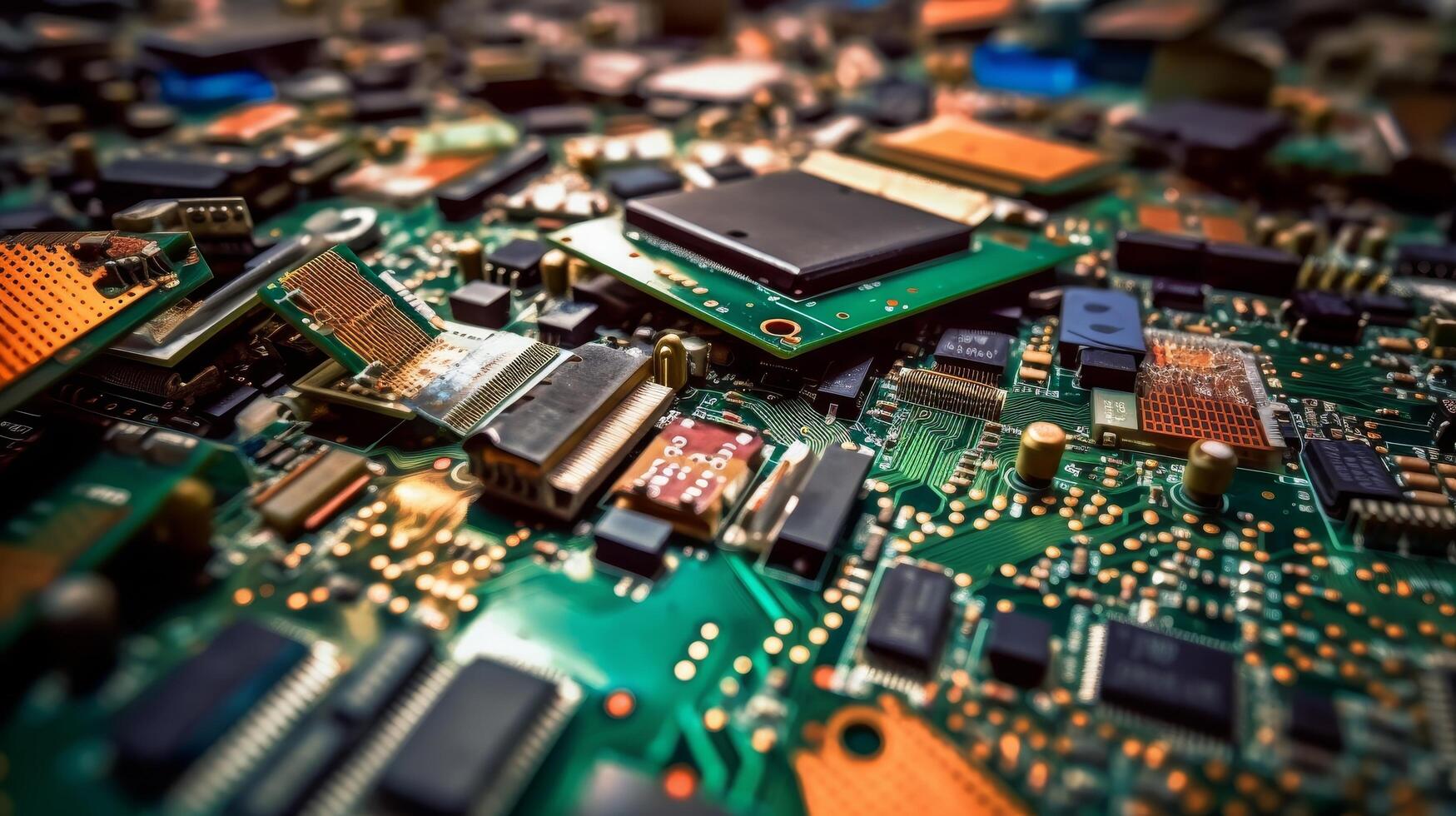 Close up view of a circuit board with various electronic components photo