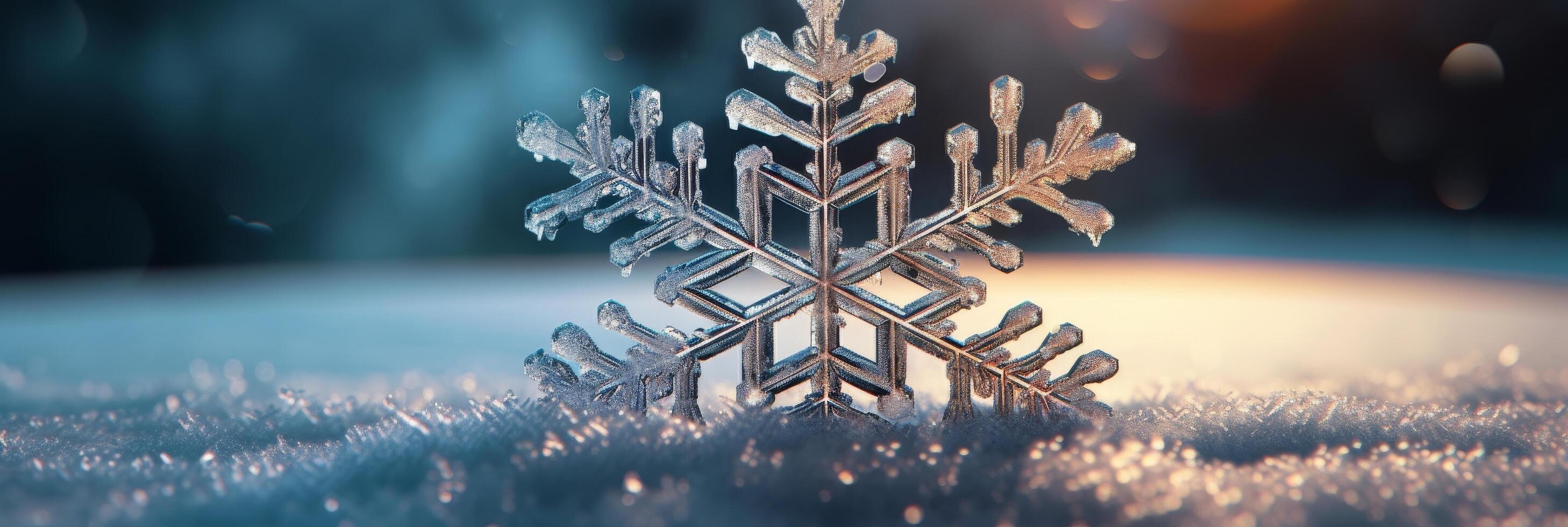 Intricate snowflake crystal on winter background photo