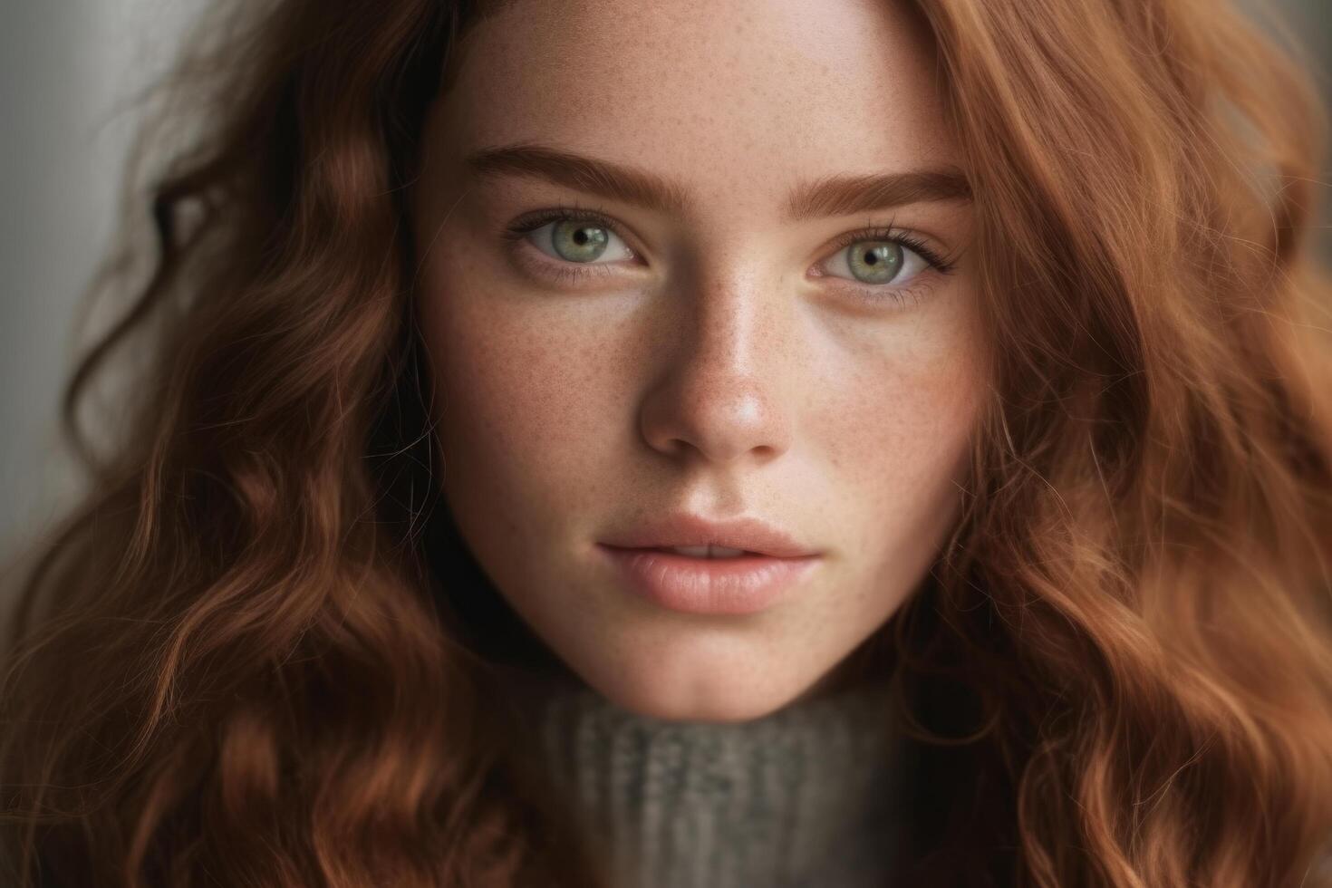 Captivating portrait of a young woman with striking green eyes and flowing auburn hair photo