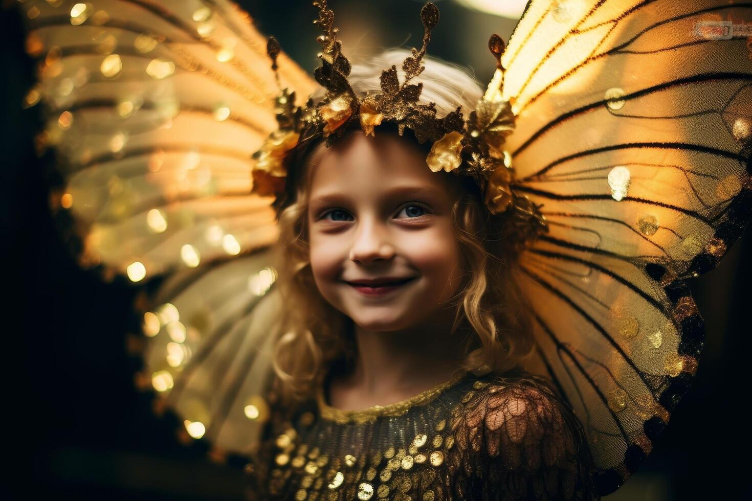 Smiling fairy girl in golden costume photo