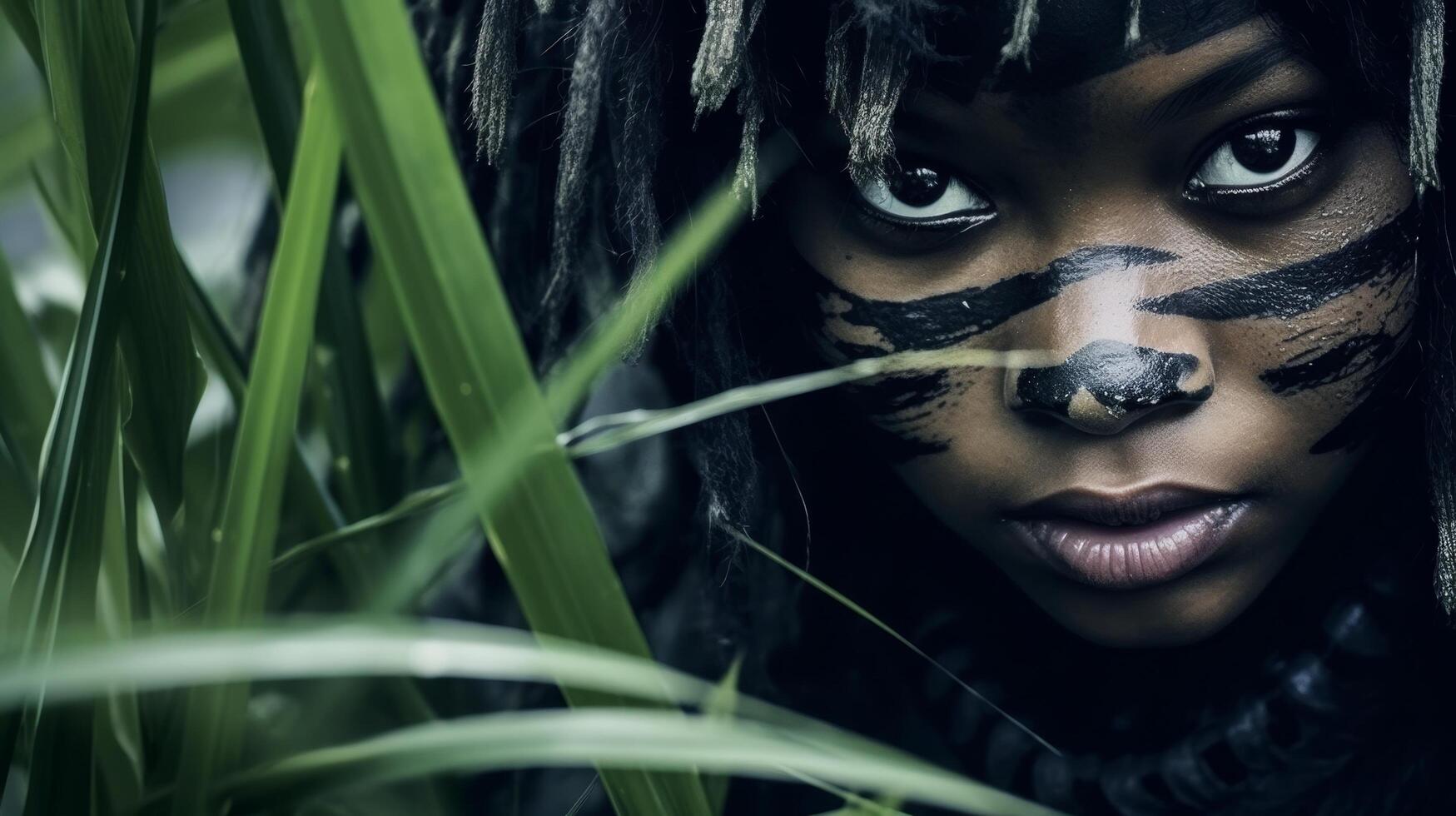 Mysterious woman with face painted in the jungle photo