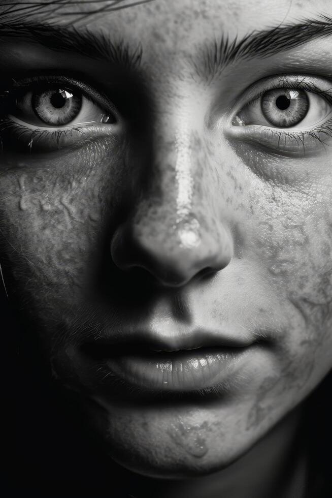 Intense gaze of a person in black and white photo