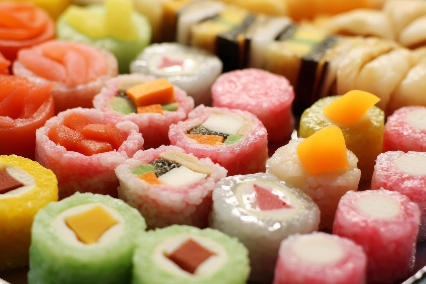 Assortment of colorful sushi rolls and nigiri photo