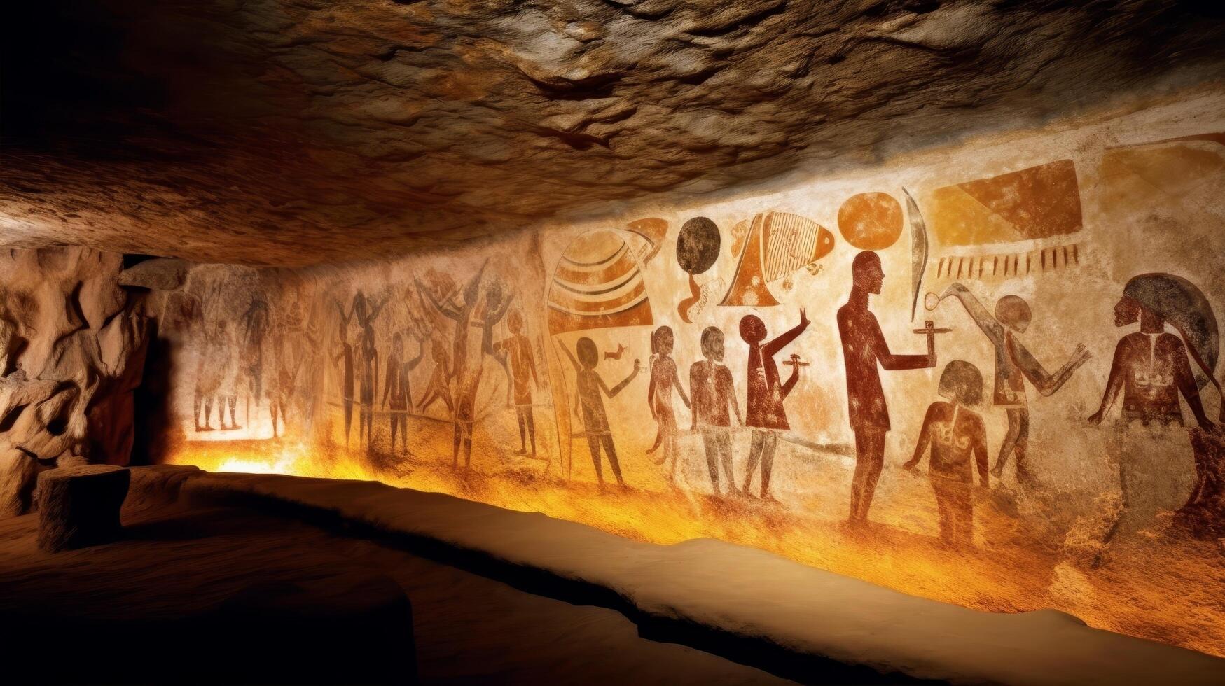 ancient cave paintings depicting human figures and symbols photo