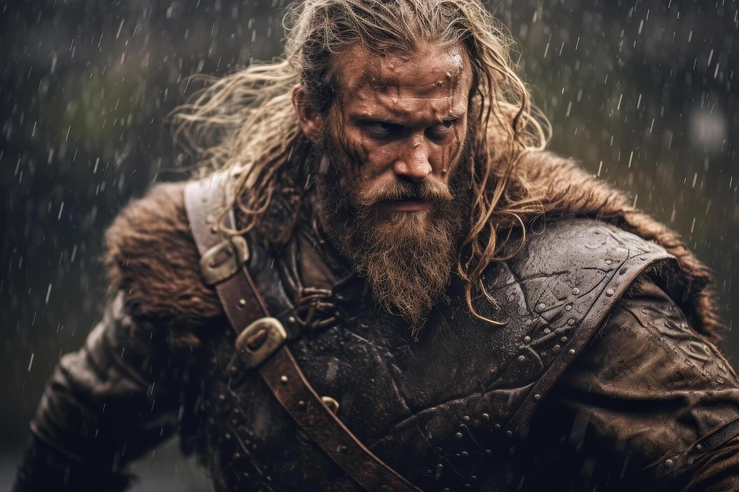 Rugged bearded warrior in the rain photo