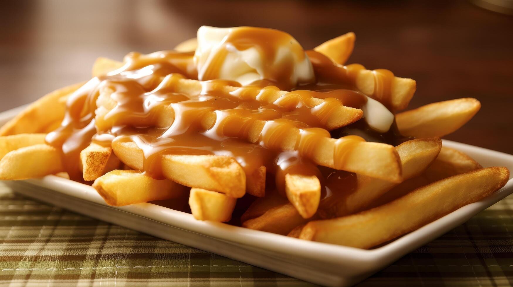 Delicious french fries with creamy cheese sauce photo