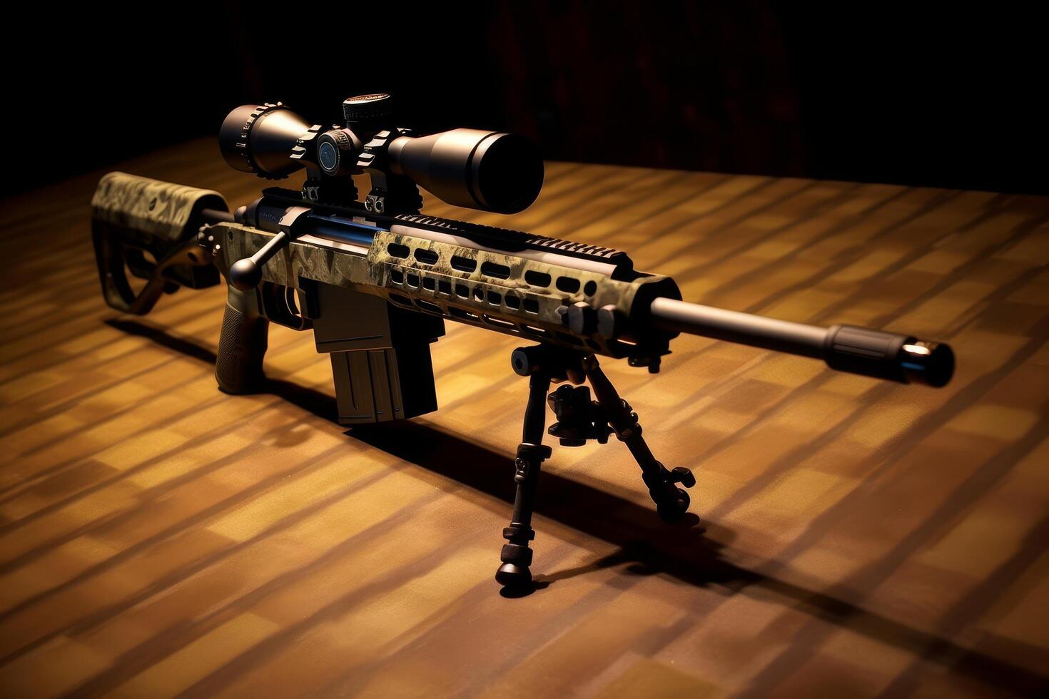 Tactical rifle with scope on wooden floor photo
