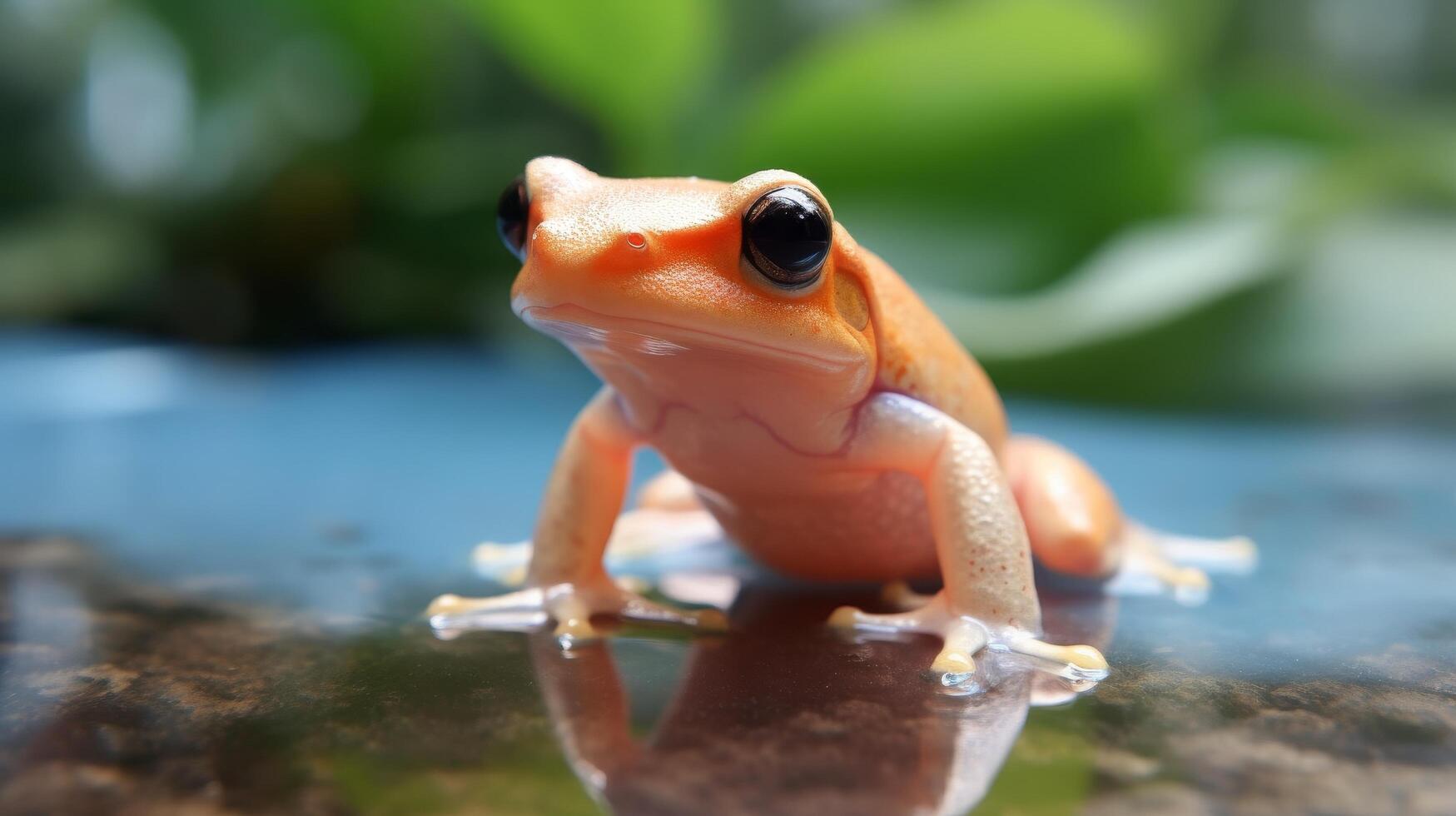 Closeup of an orange tree frog on a wet surface photo