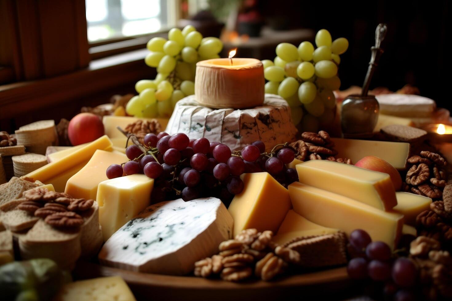 Assorted cheese and fruit platter with candle photo