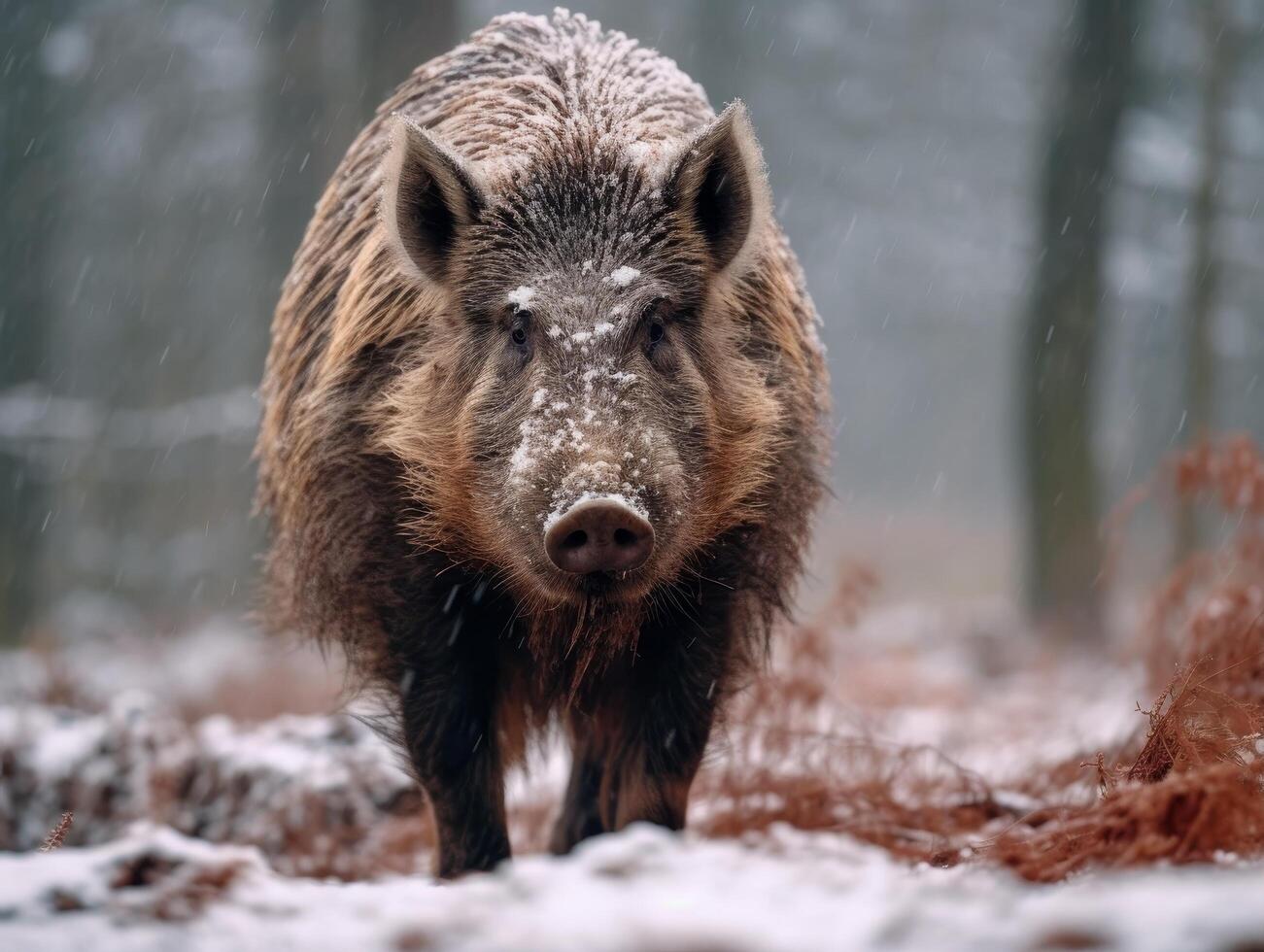 wild boar in snowy forest photo