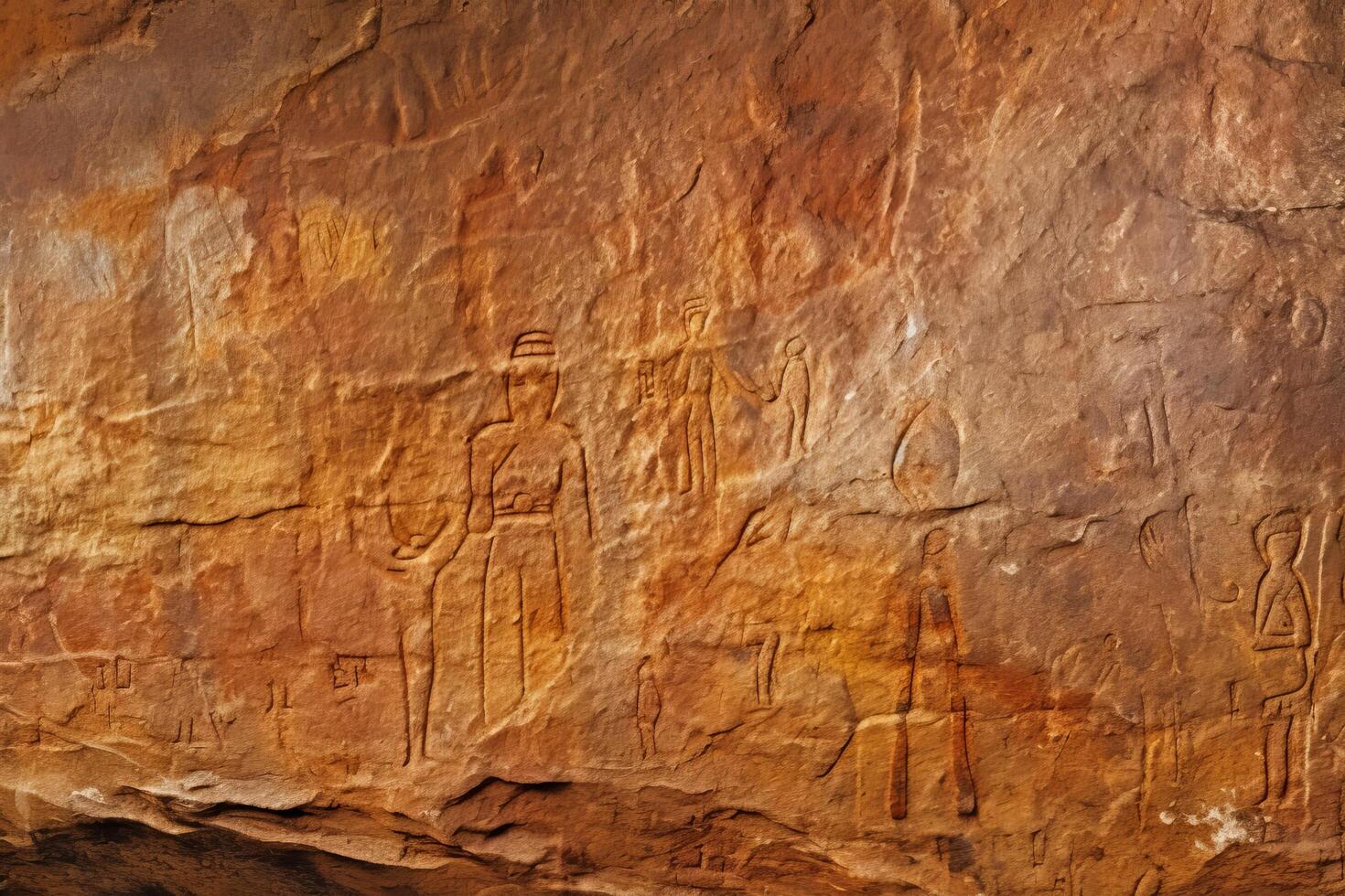 ancient rock carvings in desert landscape photo