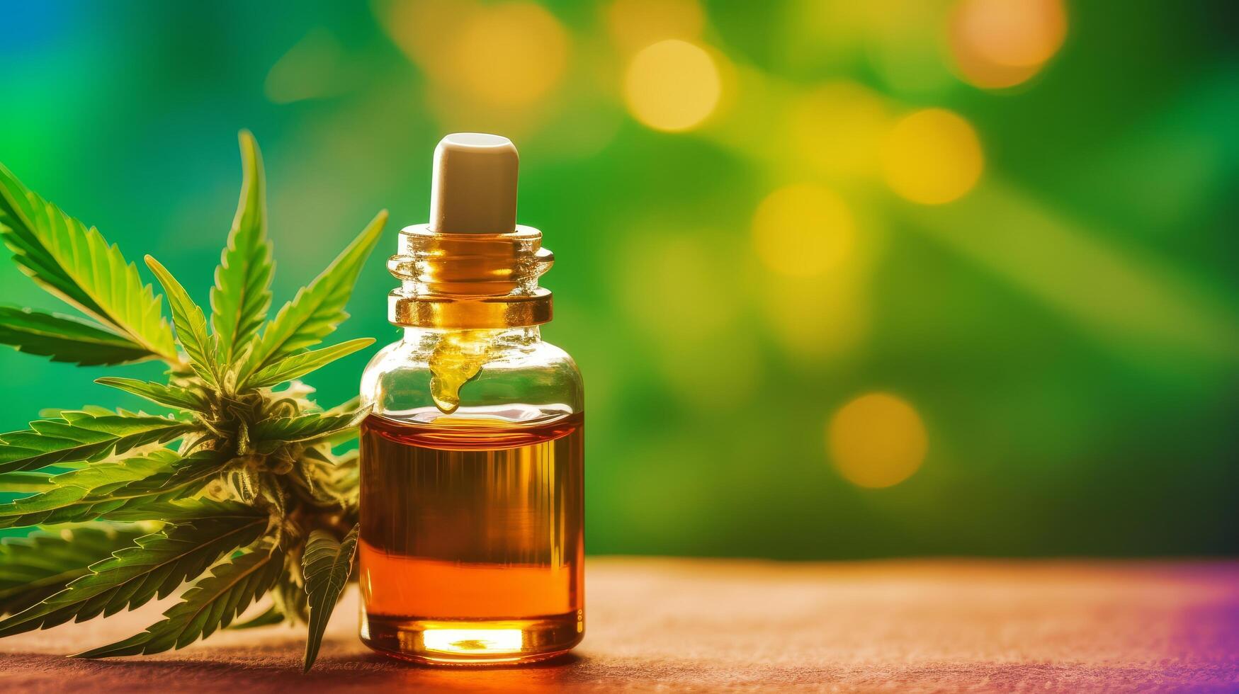 cannabis oil in glass bottle with hemp leaves photo