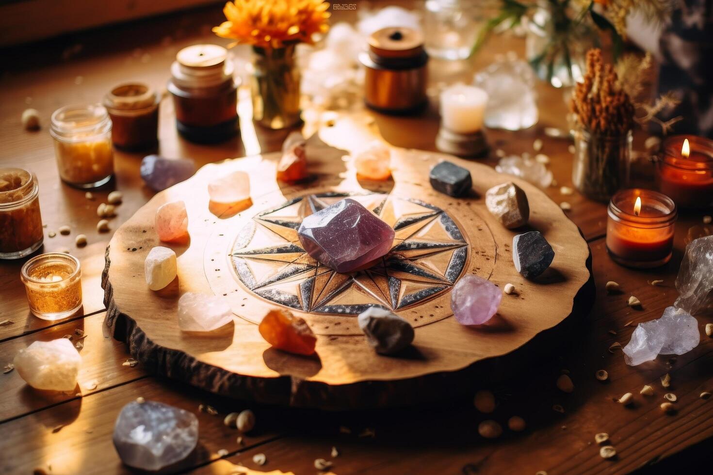 mystical crystal altar with candles and gemstones photo