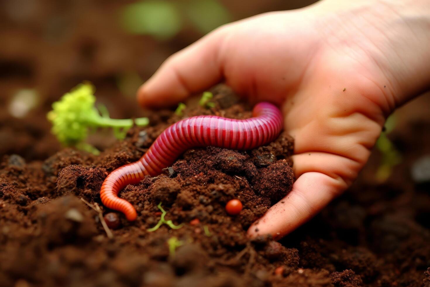 Closeup of a hand holding a pink striped worm in soil photo