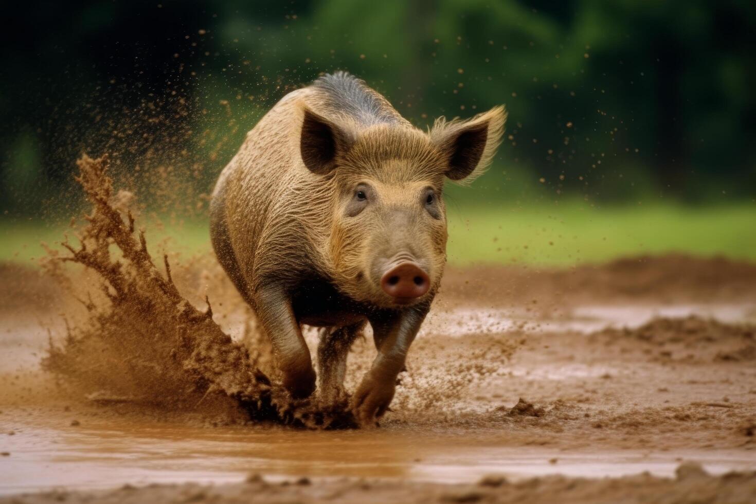 Muddy pig running through puddle photo