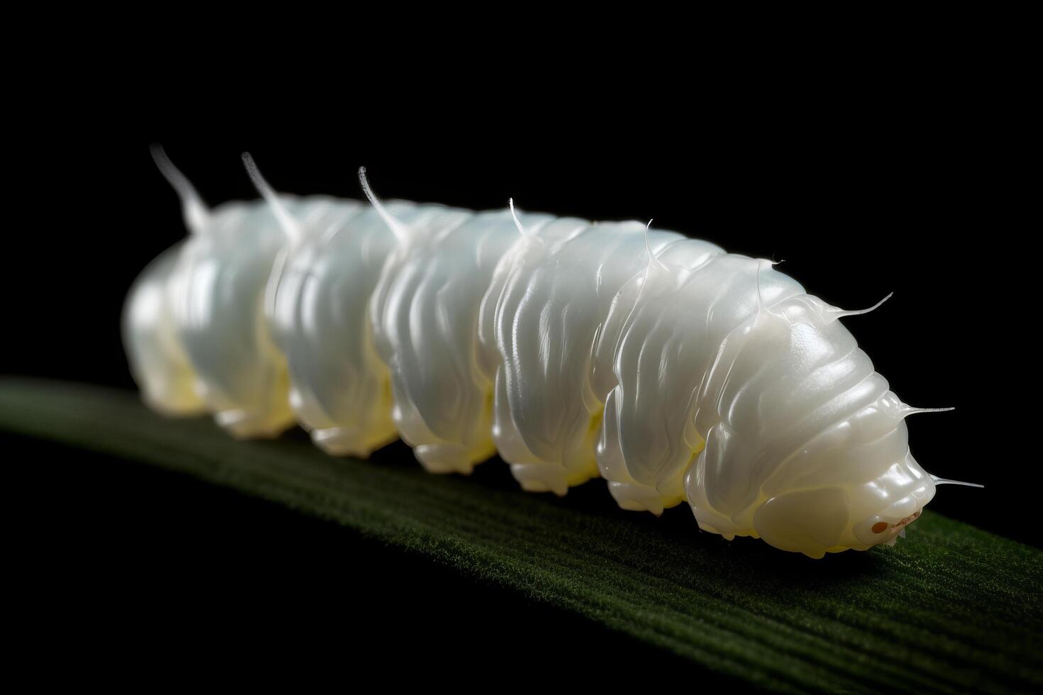 Closeup of a large white caterpillar on a green leaf photo