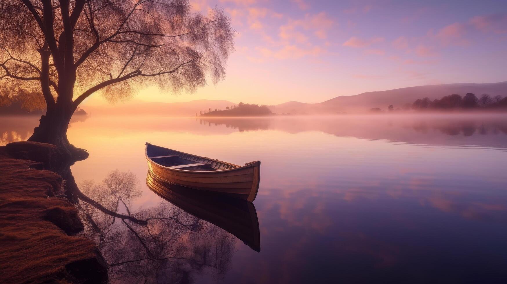 serene lake landscape with boat at sunset photo