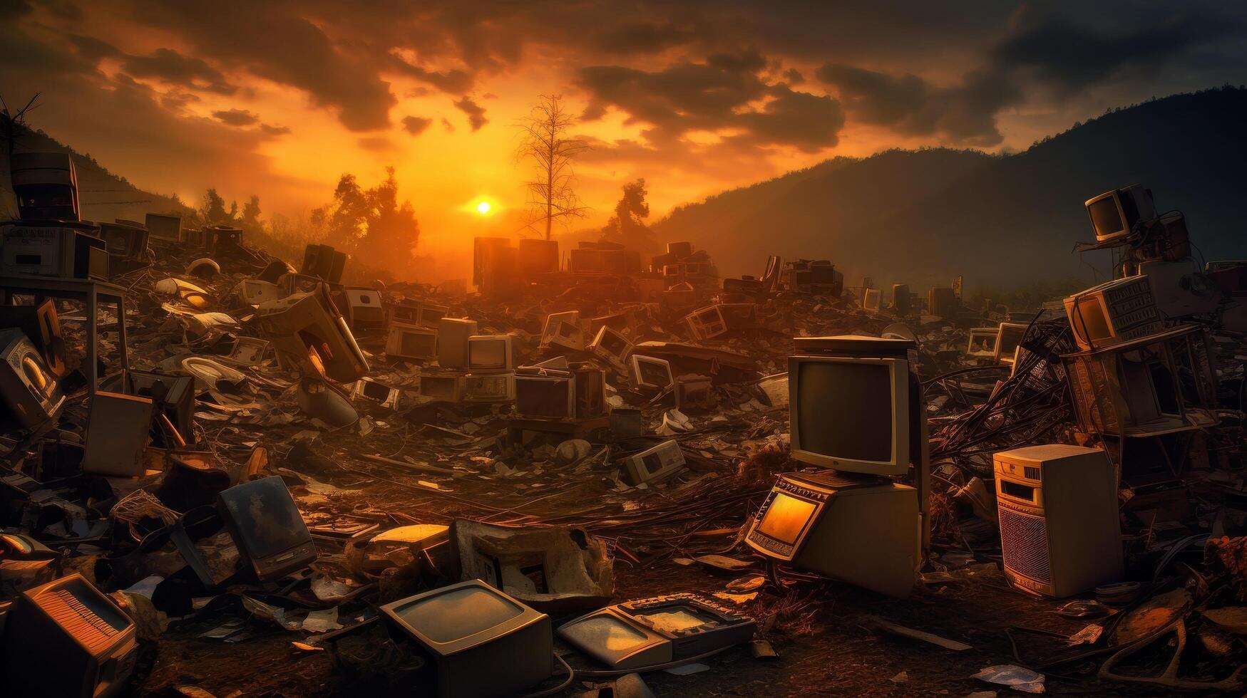 Apocalyptic sunset over a destroyed city landscape photo