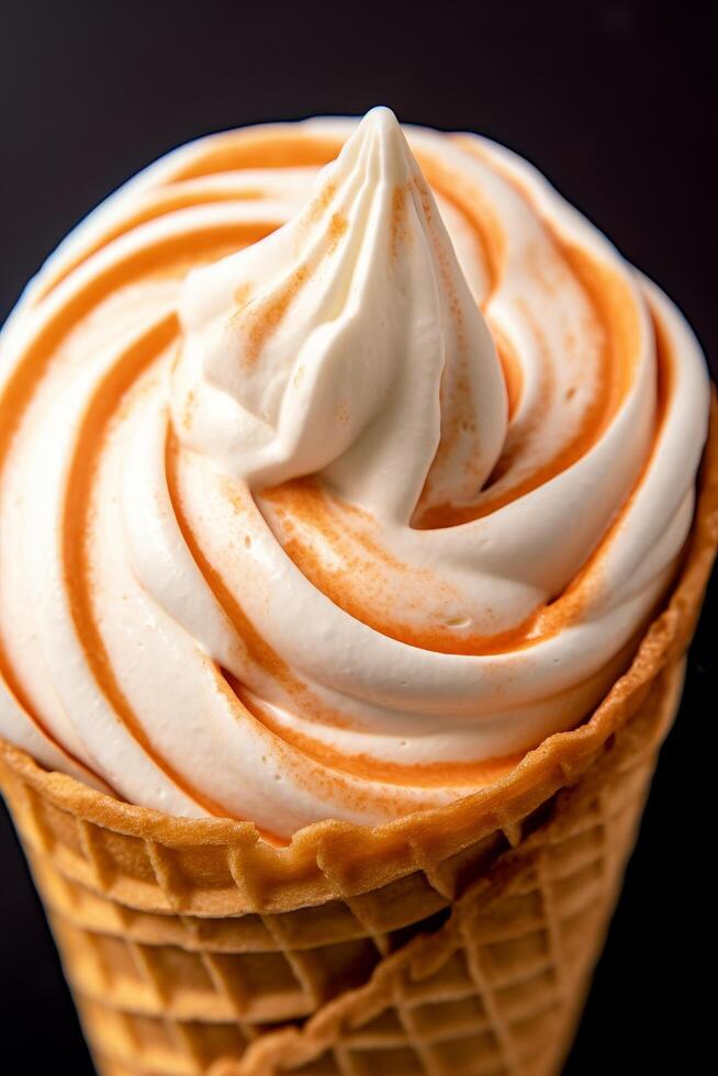 Delicious swirled ice cream in a waffle cone photo