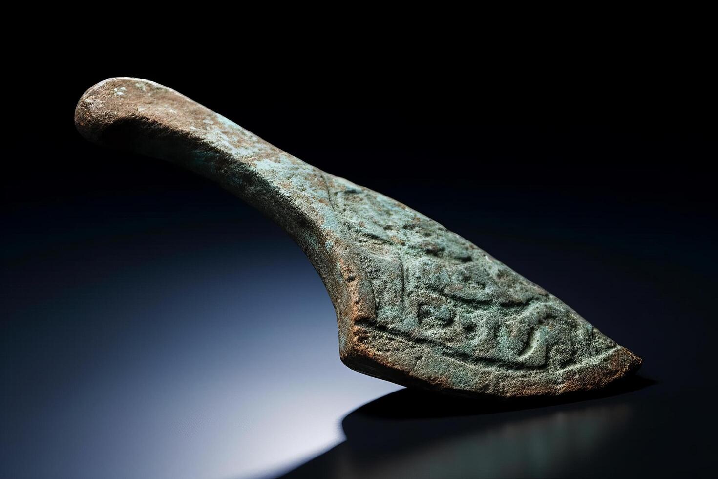 ancient bronze axe head on dark background photo