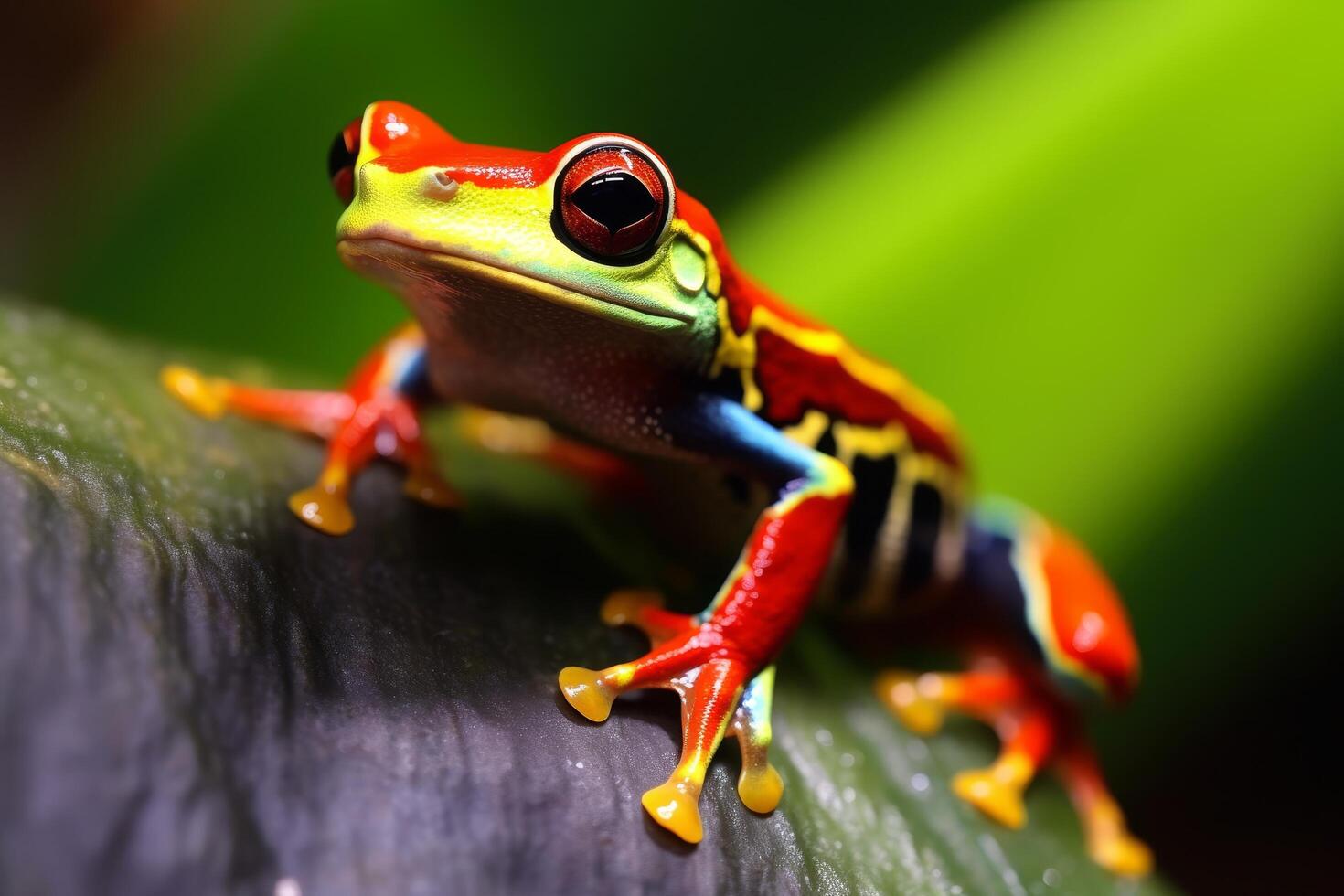 Vibrant red and yellow frog on green leaf photo