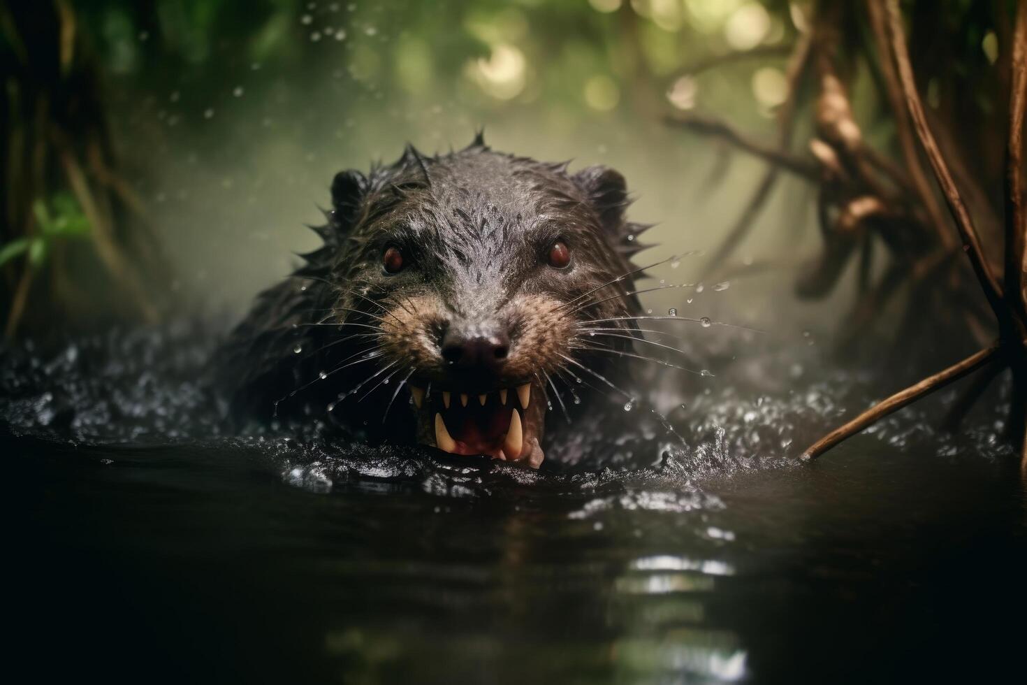 Fierce water rat with sharp teeth in the wild photo