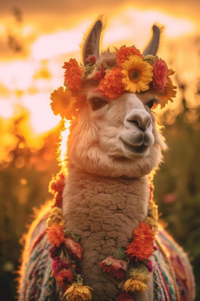 Adorable llama with floral crown in autumn field photo