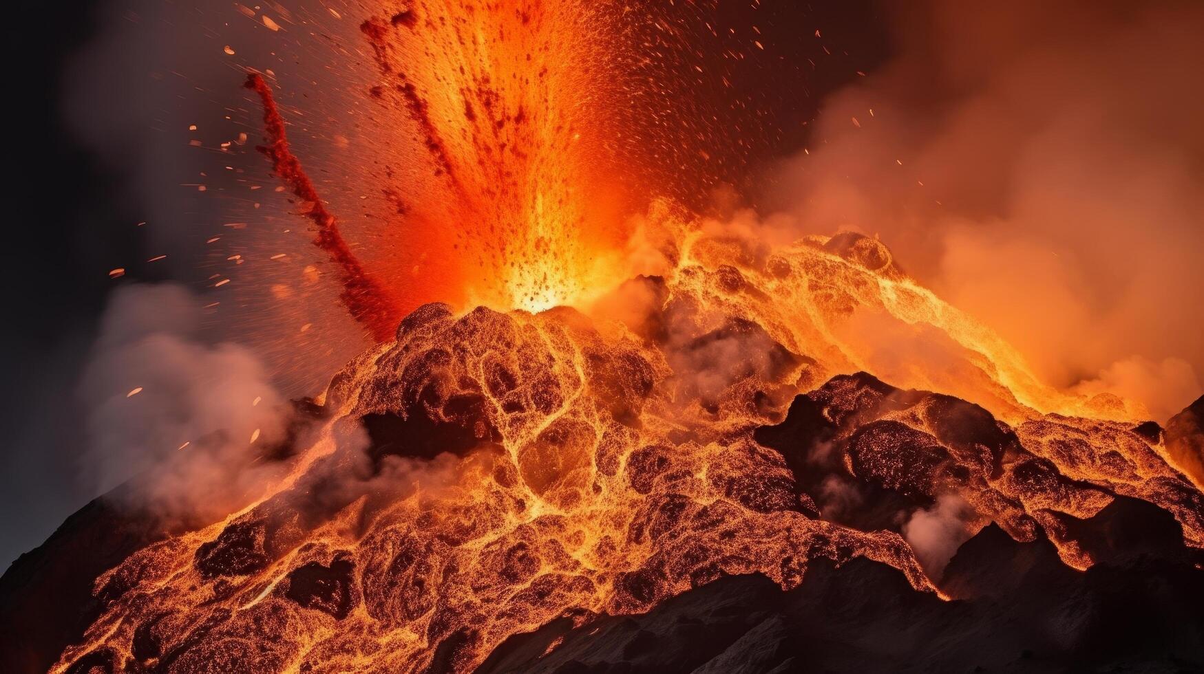 Explosive volcanic eruption with fiery lava and ash photo