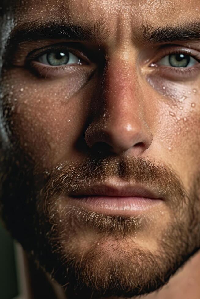 Closeup portrait of a rugged, bearded man with intense eyes photo