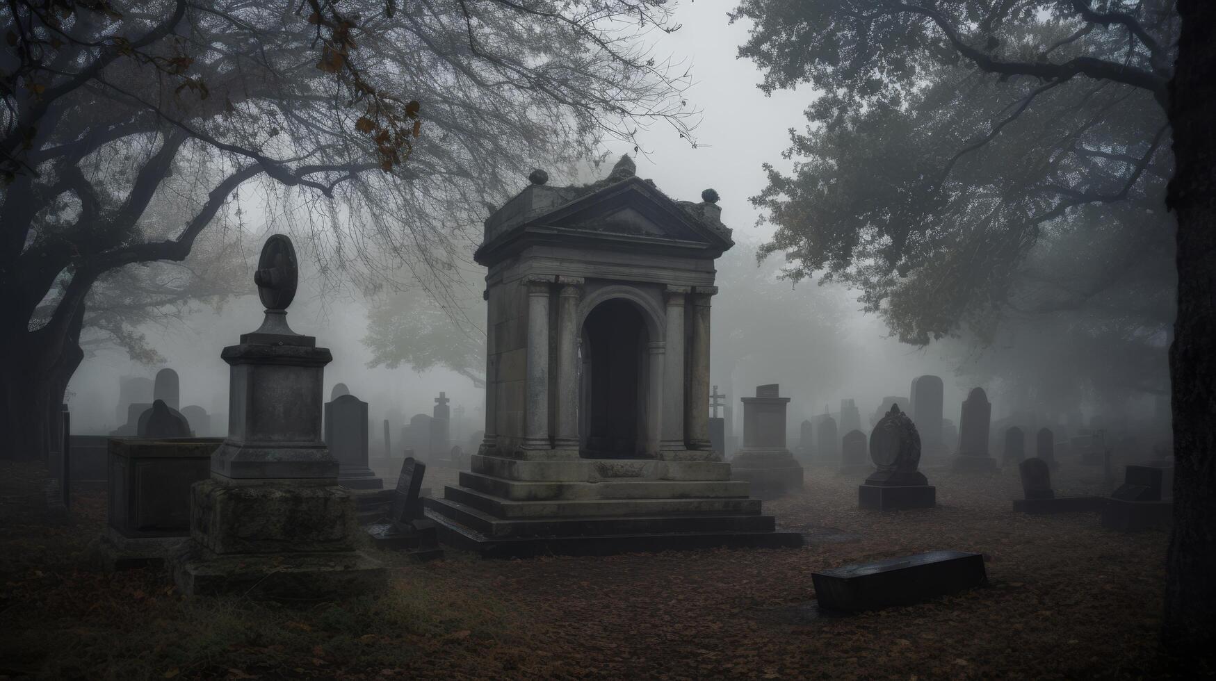 Eerie graveyard scene with fog and old tombstones photo